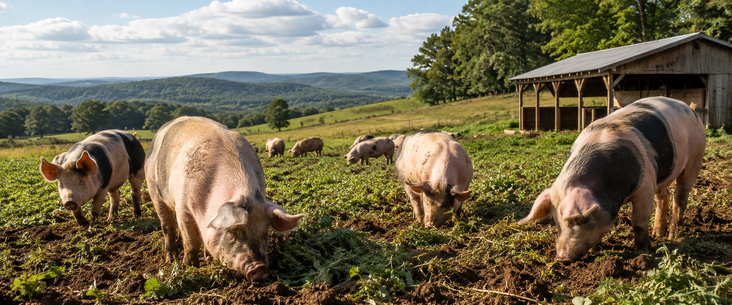 Copicut Farms pasture-raised pigs outdoors on Massachusetts chemical-free pasture with room to move and forage.