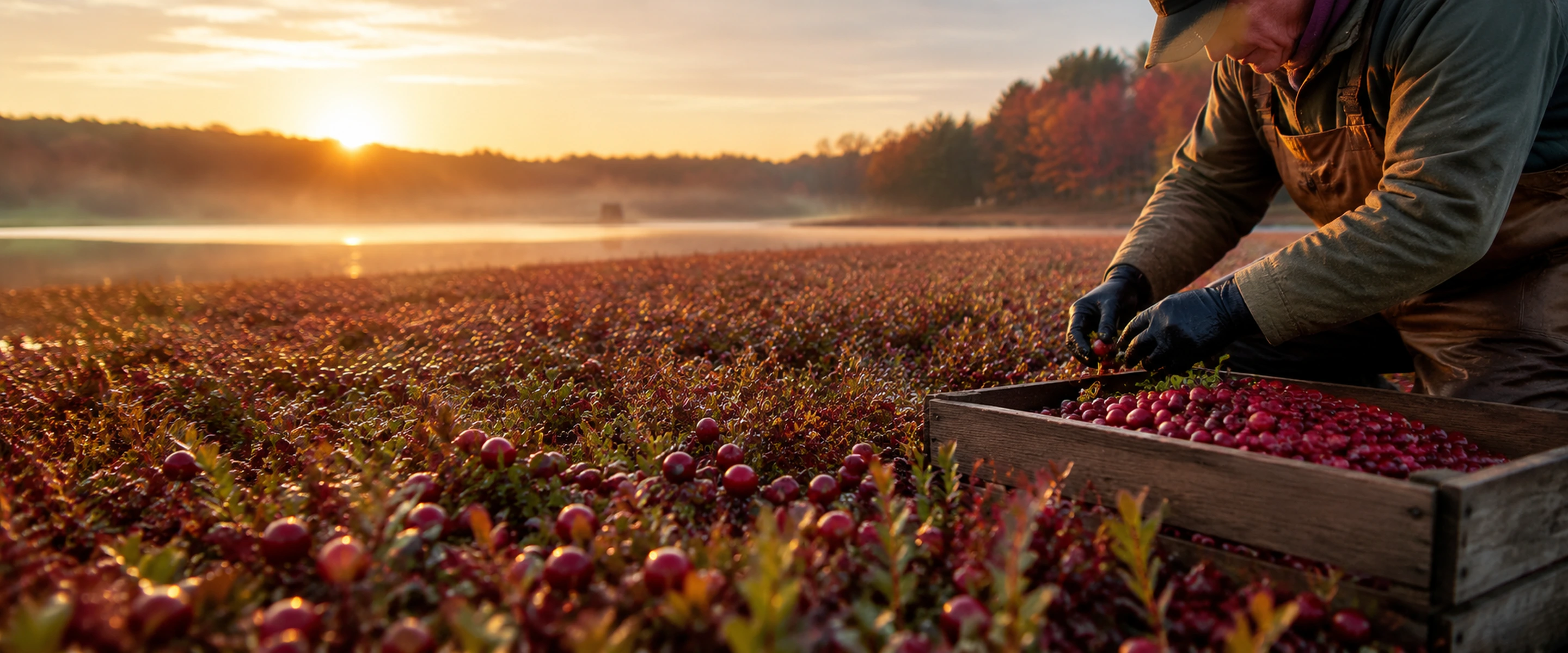Fresh Meadows Farm Carver cranberry bog with heirloom Early Black and Howe cranberries dry-harvested for freezing.