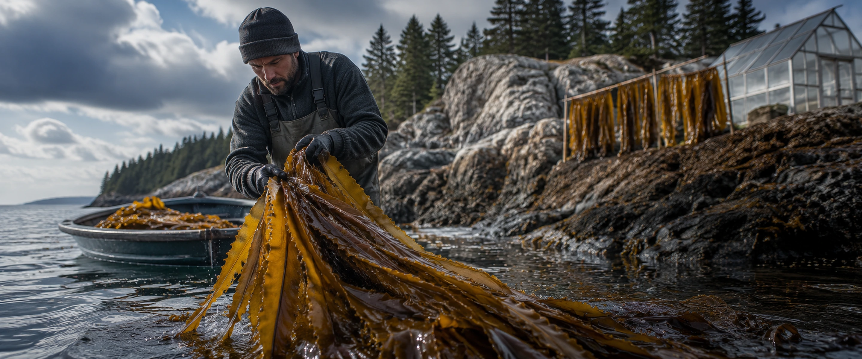 Gulf of Maine Sugar Kelp blades hand-harvested from cold clean water before greenhouse air drying.