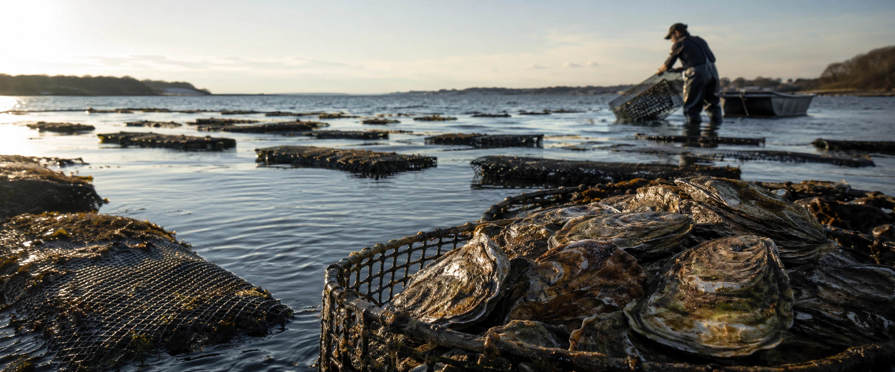 Duxbury Bay oyster beds and cold coastal water where Island Creek Oysters grows deep-cup oysters.