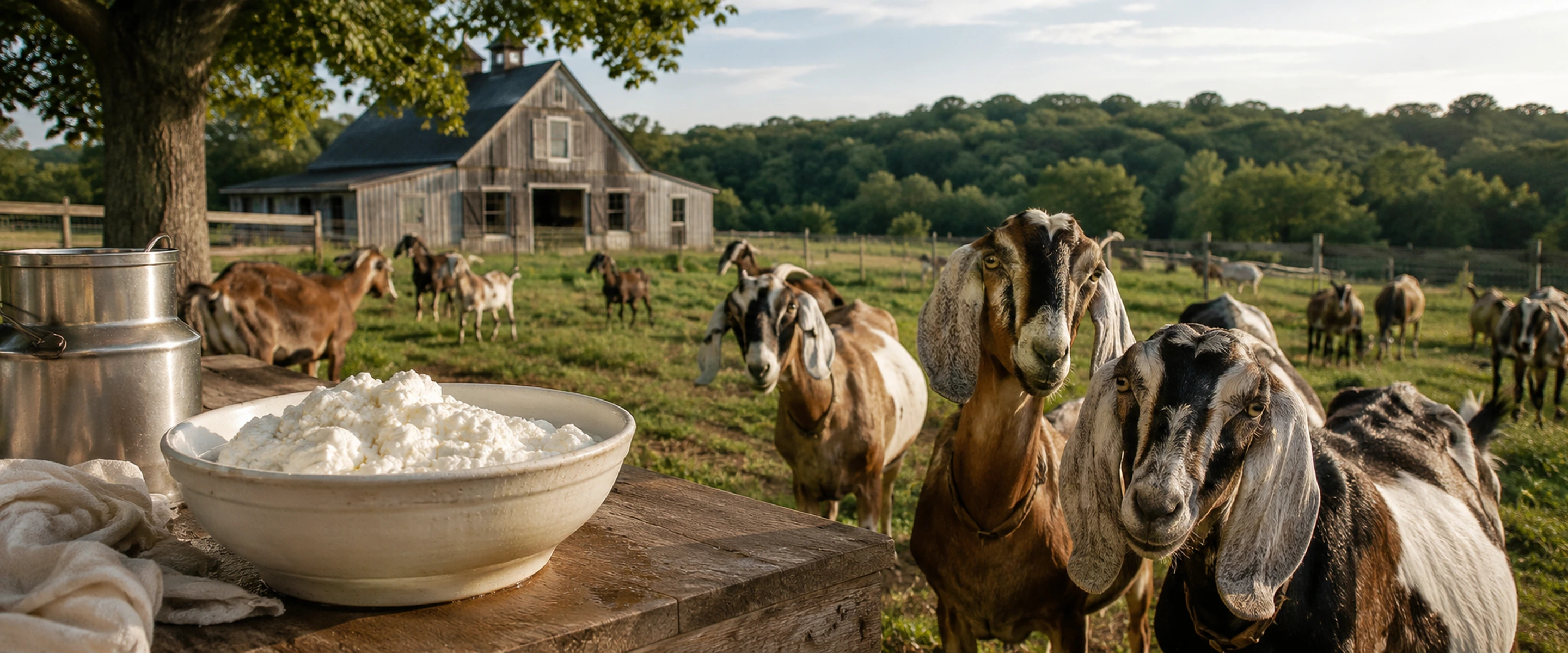 Thomas Farm & Dairy Nubian goats in Sunderland supplying twice-daily milk for fresh chèvre.