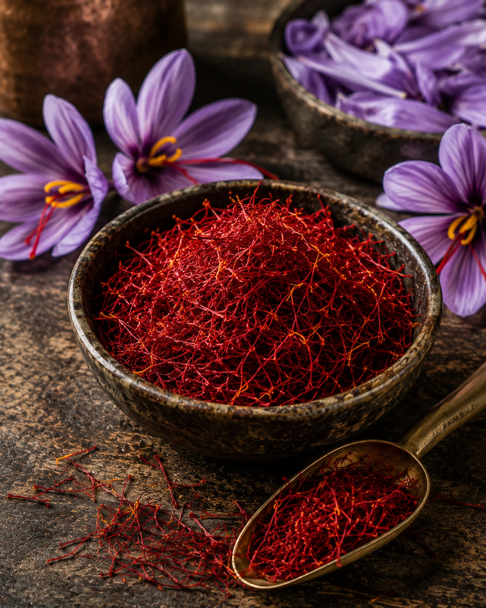 Hand-picked saffron threads with purple crocus petals.