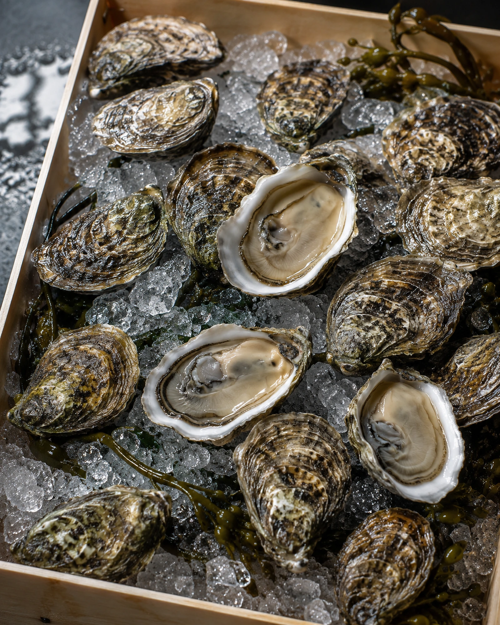 Raw-bar ready Island Creek 50 Count Box oysters from Duxbury Bay with deep cups and briny liquor.