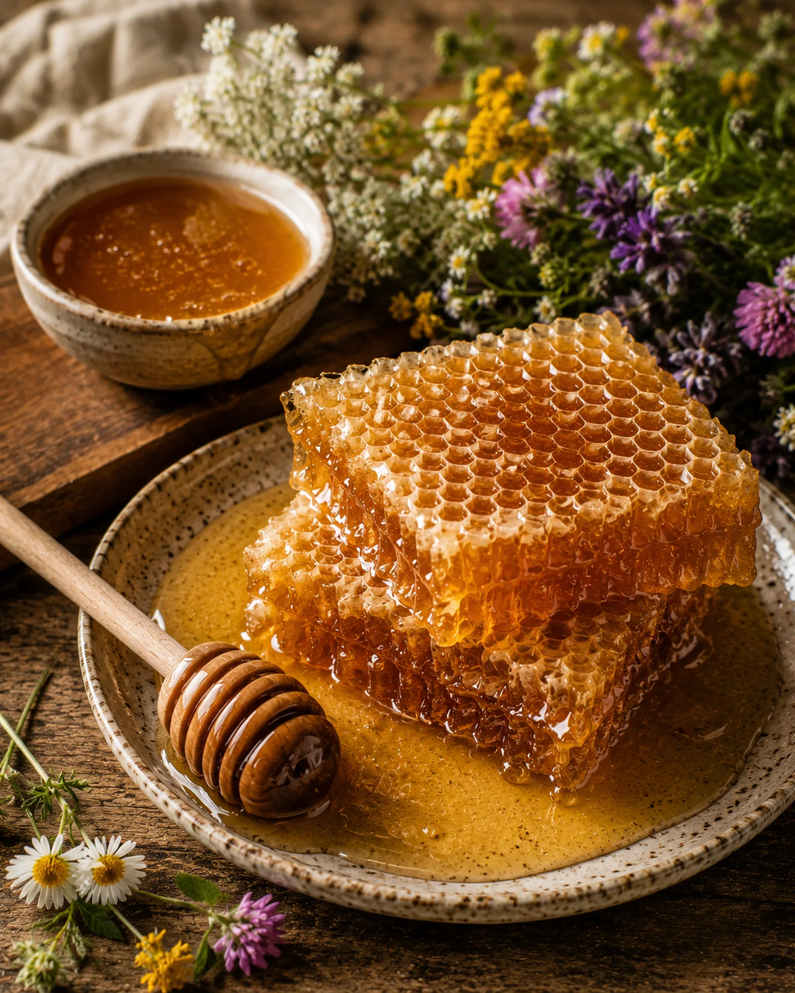 Golden wildflower honey in a jar.
