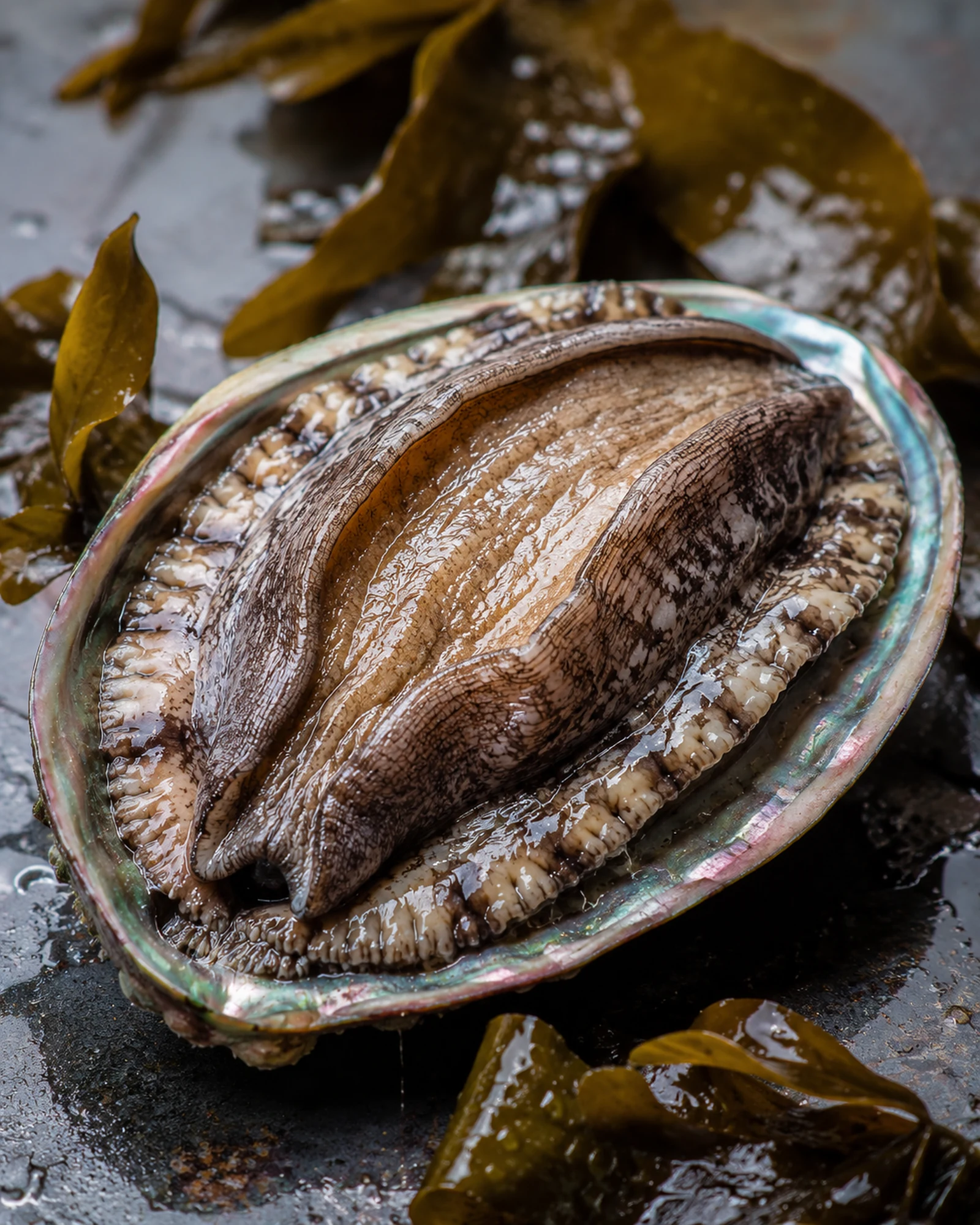 Large live California red abalone in shell.