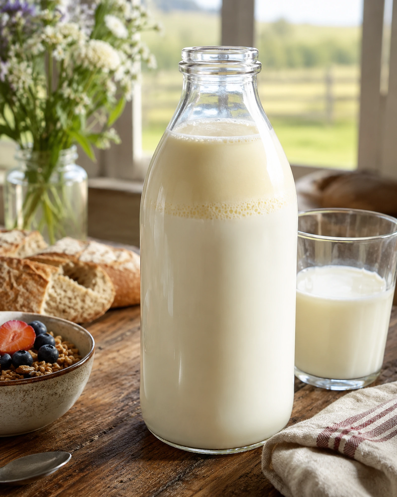 Non-Homogenized Quart of Shaw Farm cow milk with visible creamline richness.
