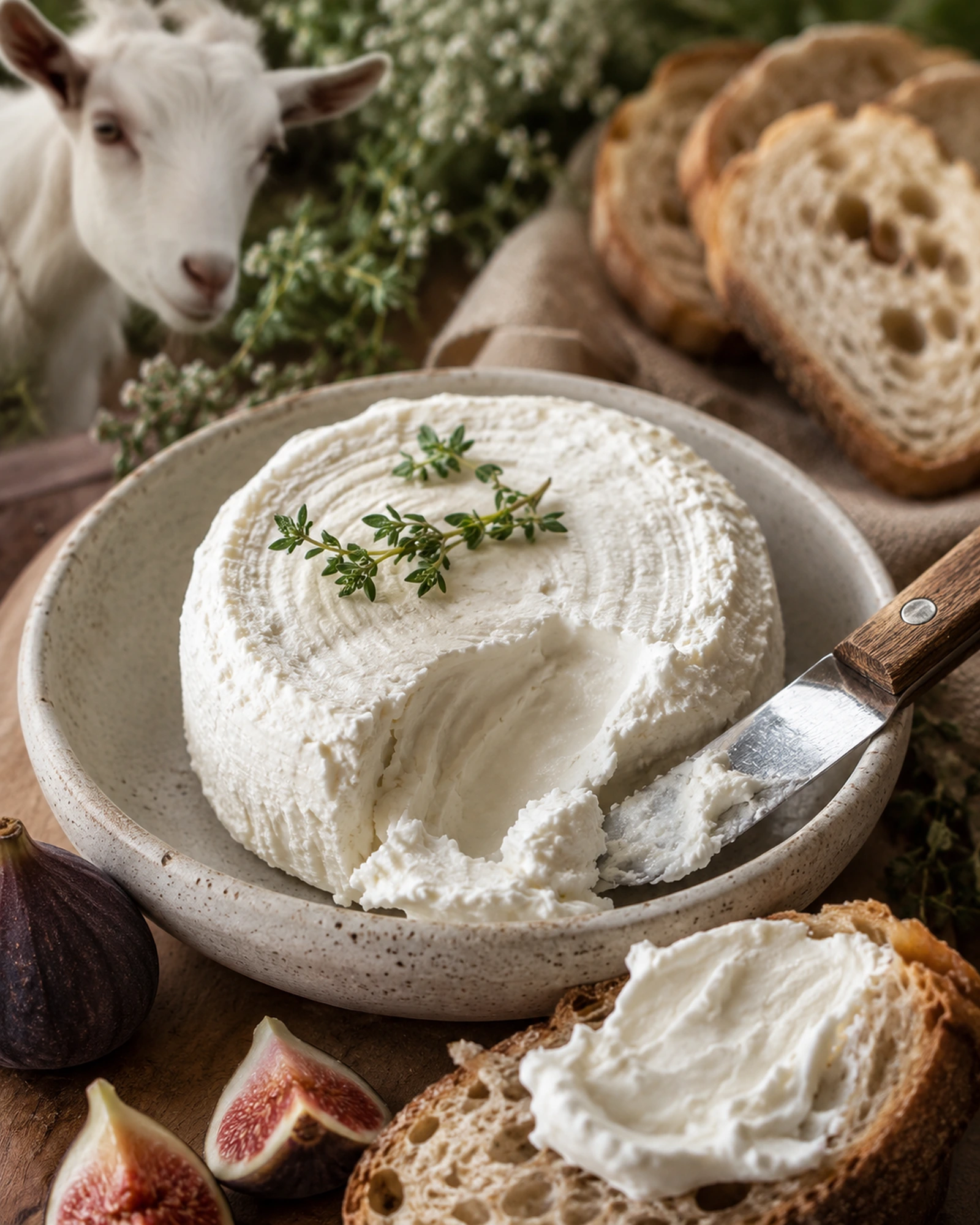 Handmade Thomas Farm & Dairy chèvre cheese with tangy, light, sweet spreadable texture.