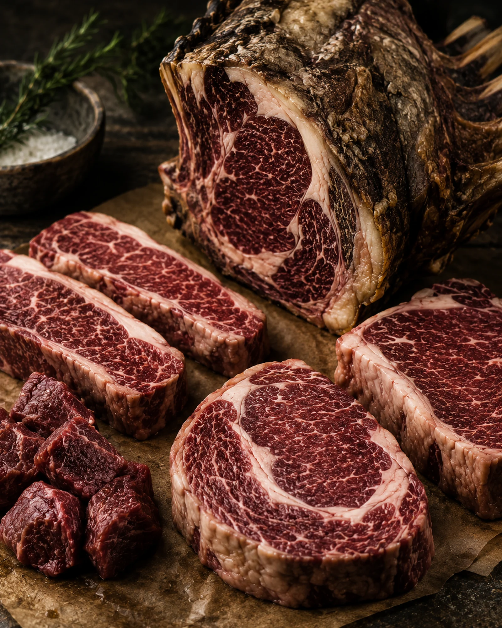 Vacuum-packed dry-aged grass-fed beef cuts from a whole steer.