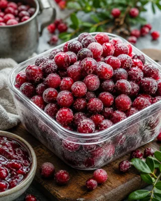 Frozen Organic Cranberries from Fresh Meadows Farm with tart color and Massachusetts bog character preserved beyond fall.