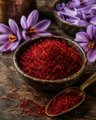 Hand-picked saffron threads with purple crocus petals.