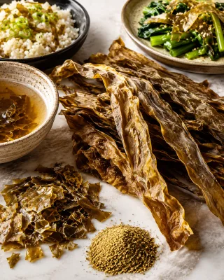 Dried Sugar Kelp from Gulf of Maine, Inc. in whole leaf, flakes and powder formats for broths, rice and vegetables.